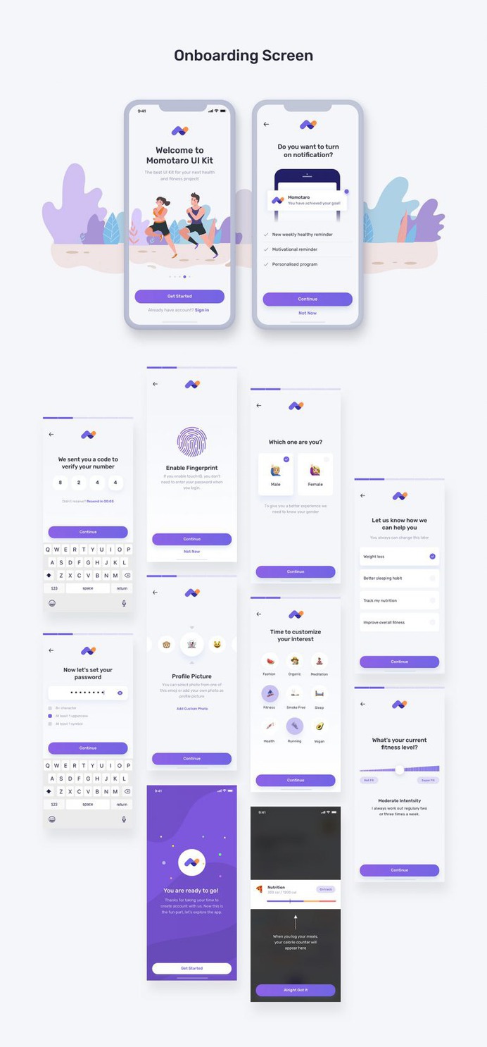 Momotaro Health Fitness Mobile App UI UX Kit