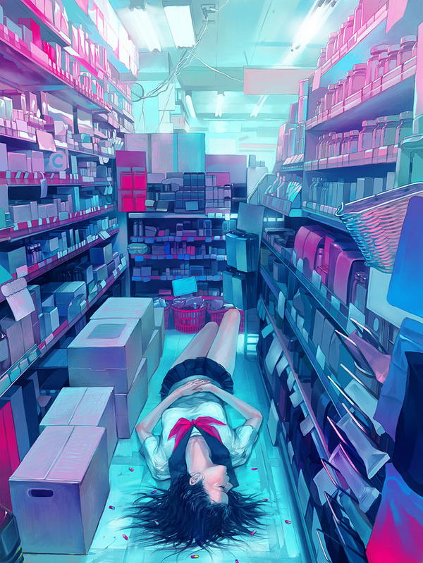 black_hair closed_eyes drugged drugs fluorescent_lamp lying messy_room on_back original pill school_uniform serafuku shop sleeping zain #bla