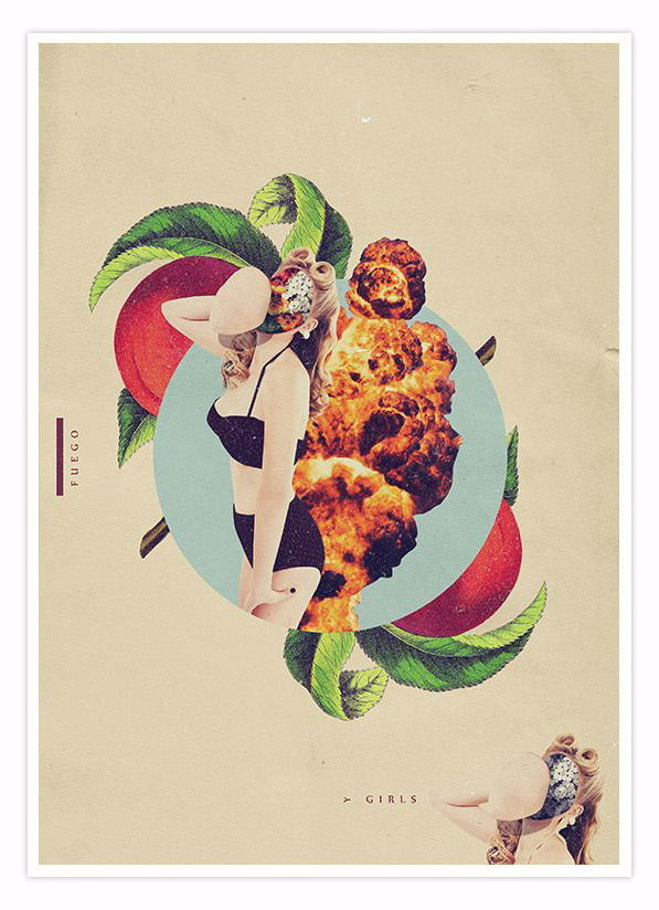Fuego y Caballo. Collage composition mixing subtle and vibrant vintage illustrations.