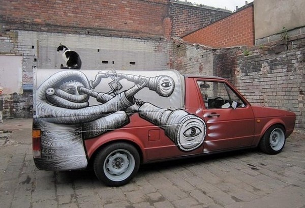 Black and white street art on car #abstract #surrealism #art #street #surreal