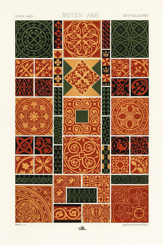 Middle-Ages pattern from L'ornement Polychrome (1888) by Albert Racinet (1825–1893). Digitally enhanced from our own original 1888 edition.