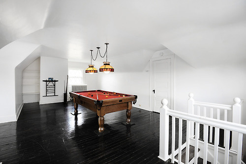 Antique Lighting in a Modern Interior #interior #billiards #red #white #and #modern #black #pool #contrast #antique