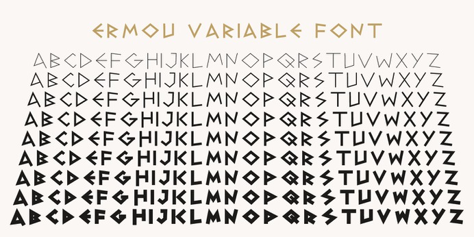 ERMOU variable typeface (font) designed by Thoma Kikis. Teknike.com - #variable #ermou #typeface #font #kikis #thomakikis #greece #hermes #greekthemed #ancientgreek #ancientgreece #geometric #angled #pointed #lettering #greek #latin #cyrillic #teknike