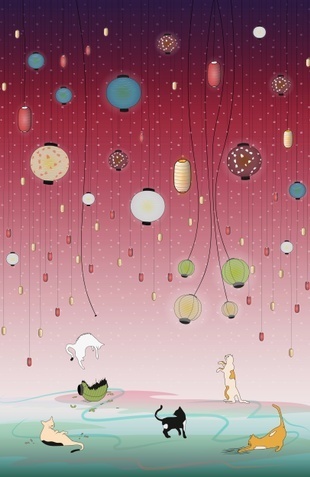 "Cat's Paradise" #cats #pet #fantasy #illustration #playing #lanterns #kids #art