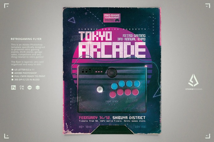 Vaporwave Game Flyer Retro Arcade Stick Template
