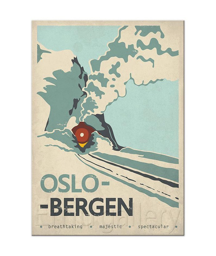 Retro travel poster Norway Oslo Bergen train railroad image 1