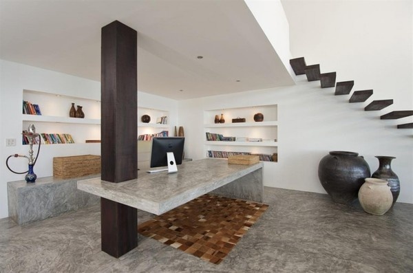 Deluxe Beach Villa Design with Front Pool Ideas : Dark Floating Staircase And Concrete Computer Desk Units #minimal #wood #white #concrete