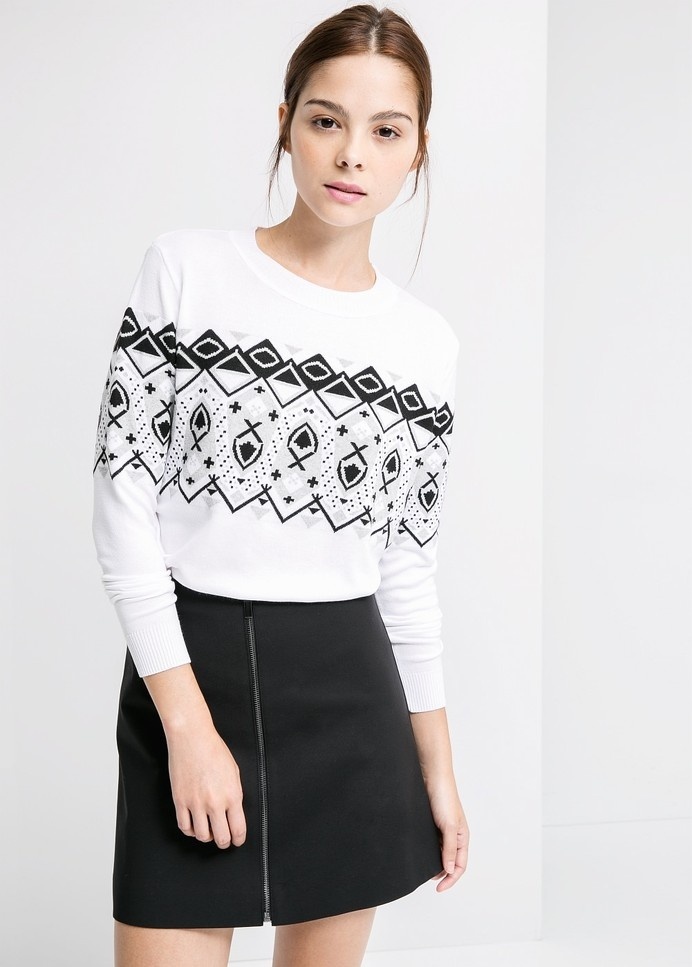 Żakardowy sweter geometryczny wzór #white #mango #black #pullover #fashion