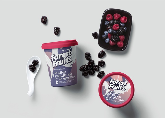 Customize the round ice cream cup mockup items. Place your own packaging designs, move the items around and change the background color. You can adjust the filter effects to create most realistic results. Create your own ice cream cup mockup scene. #mockup #icecream #dessert #fruit #branding #label #package #logo #packaging #marketing #presentation #type