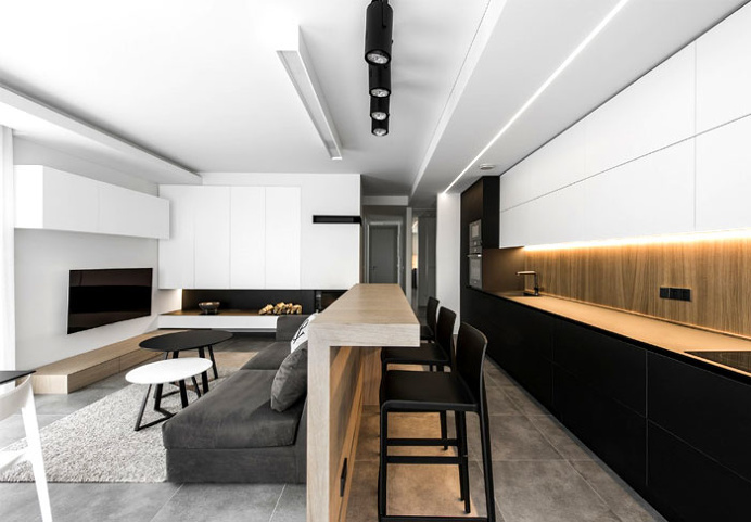 Black and White with Wooden Accents Apartment by Rimartus - InteriorZine