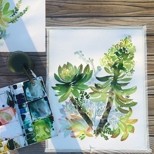 Finished! So refreshing to paint outside in the sun and around so many pretty greens :) #watercolor #garden #yaochengdesign #succulents