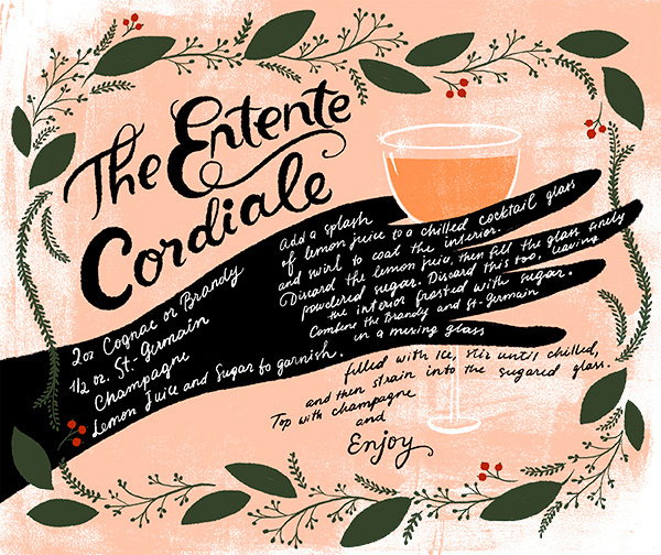 OSBP St Germain New Years Eve Cocktail Recipes Dinara Mirtalipova Entente Cordiale #drink #illustration #lettering #recipe