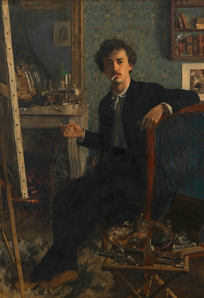 Johann Victor Krämer (Austrian 1861-1949) Self-Portrait by the Fireplace, 1889