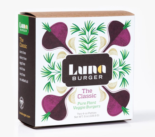 Packaging with illustrative detail for organic veggie and vegan burger range Luna Burger created by Slagle Design #burger #packaging #box #food #bpando #luna