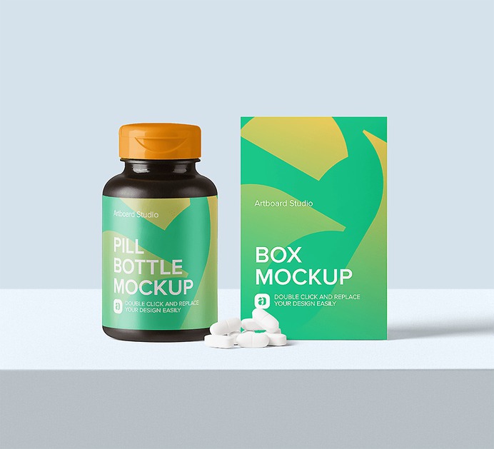 Pill bottle and box mockup scene #pill #medicine #supplement #package #bottle #box #mockup