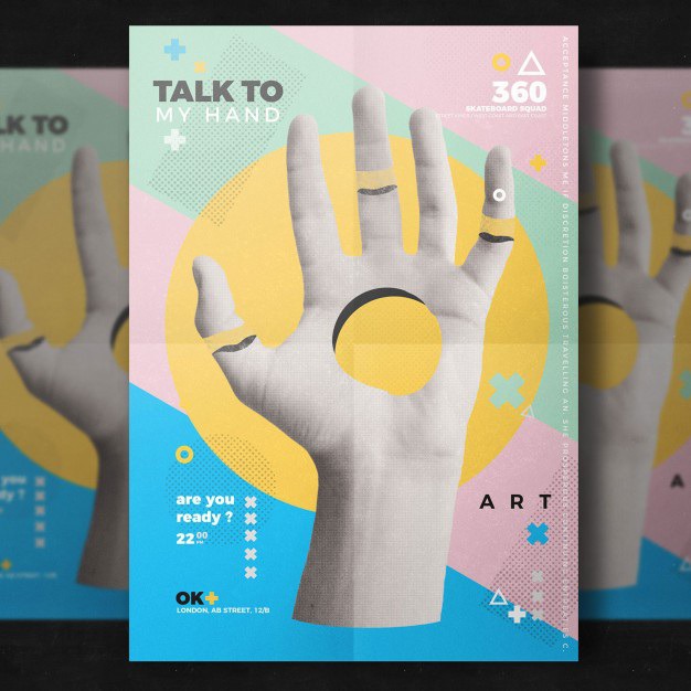 Creative hand flyer template Free Psd. See more inspiration related to Pattern, Brochure, Flyer, Poster, Mockup, Business, Abstract, Party, Cover, Template, Geometric, Paper, Fashion, Brochure template, Retro, Leaflet, Hipster, Colorful, Flyer template, Shape, Stationery, Mock up, Poster template, Creative, Modern, Booklet, 80s, Set and Mock on Freepik.