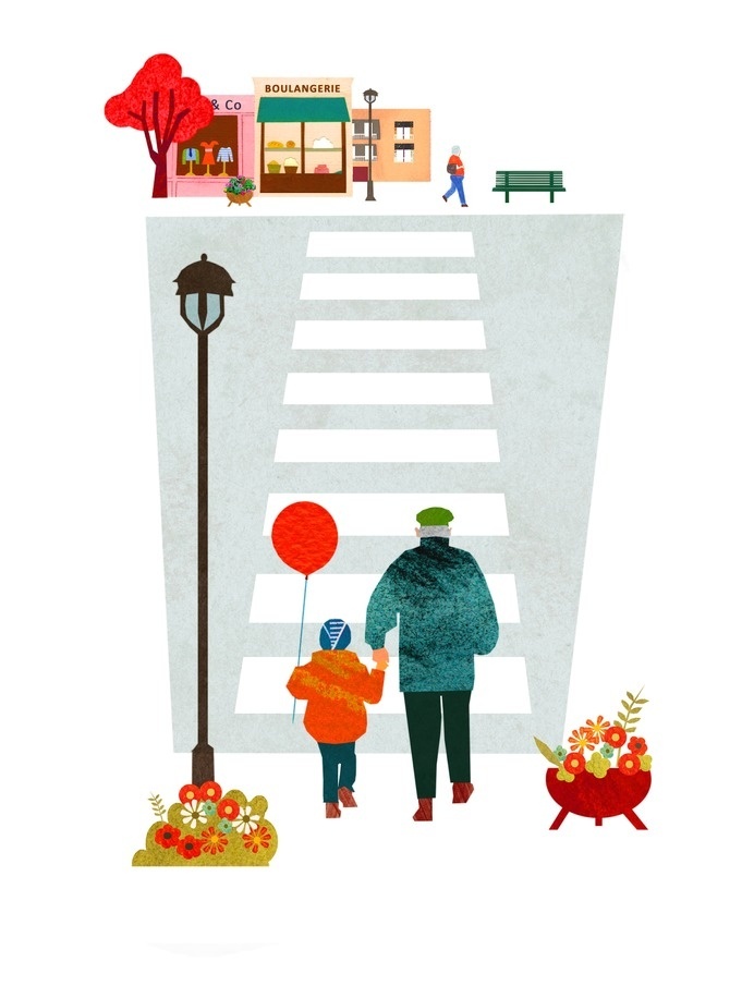 Veronique Joffre : Quartiers des Générations / Intergenerational Neighborhood, colagene.com #tree #city #color #block #illustration #street #paper #outdoore