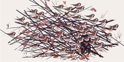 hiseyes.jpg 1500 × 751 pixels #silkscreen #charley #cat #bird #illustration #harper
