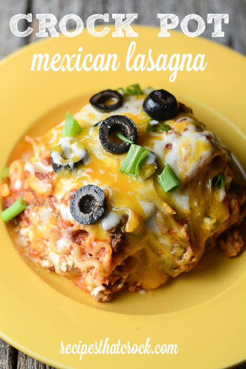 Crock Pot Mexican Lasagna: The perfect slow cooker dish for your next family fiesta! Layers of salsa, noodles, cheese, taco meat and a delic