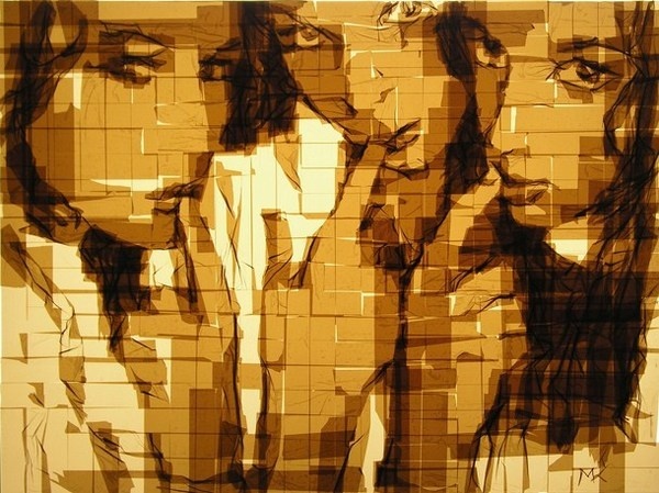 Tape paintings of Emily Arielle and Helen in web #portraits #tape #art #paintings
