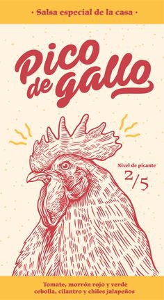 Illustrated packaging of sauces for a mexican restauran branding. Rooster's beak sauce. #packaging #branding #mexican #restauran #label #design