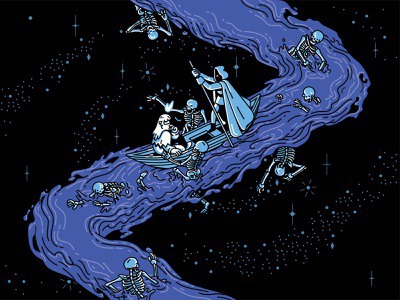The River Styx underworld stars characterdesign linework greek mythology boat skeleton river retro drawing graphic character vector #illustration