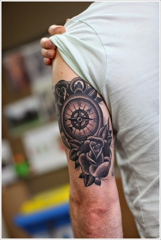 Compass and rose sleeve tattoo for men