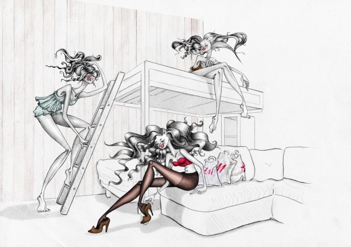 #fashionillustration #illustration #clothes #models #girls #women #pink #dressing #room #colors #sketch #graphite #heels #hair #painting #br