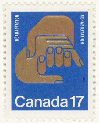 Rolf Harder, Design Collaborative Montreal Ltd. Rehabilitation Stamp. 1977 #canada #stamp #rolf #hands #harder