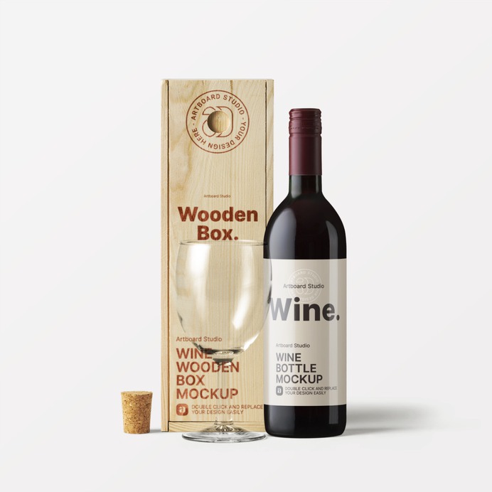 Customize the wine bottle with wooden box mockup template. Place your own wine label design to mockup item as glossy or matte label options with wood-burn layer effect on a wooden box. Move items around, change background-color, and animate right in your browser. Create your own wine bottle packaging mockup template. #mockup #package #packaging #logo #branding #wine #label #bottle #typography #type #drink