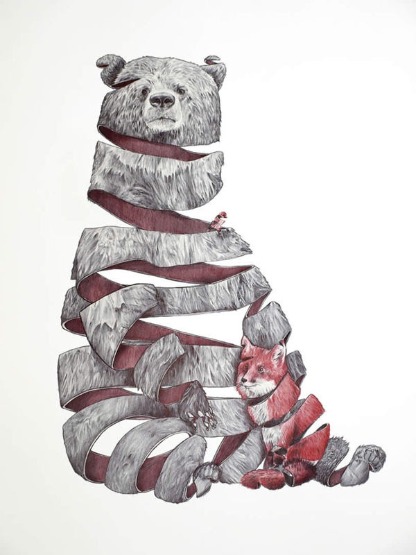 Bear and fox ribbon drawing by Jaume Montserrat #fox #illustration #ribbon #animals #bear #drawing
