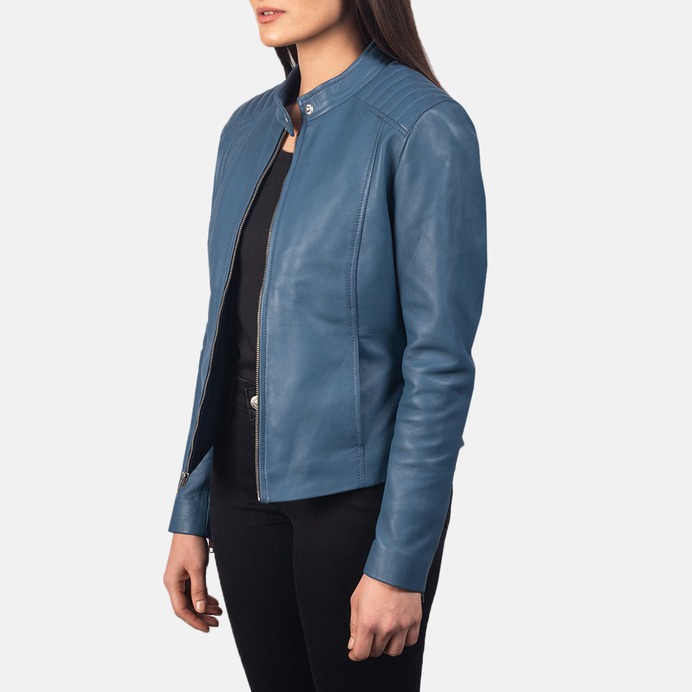 blue leather jacket, ladies jacket