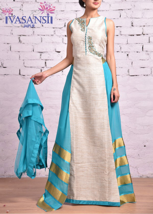 Vasansi Sky Blue Chanderi Suit