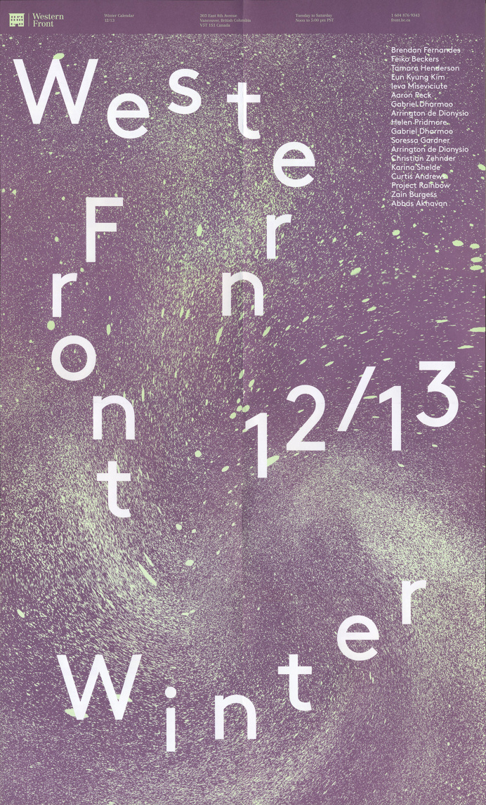 The 2012 edition of Western Front's events calendars. Distributed at locations throughout Vancouver and mailed to members, it features the