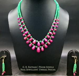 Two-row Necklace with ruby drops and emerald-grade green beryls - gold diamond polki kundan meena jadau jewellery