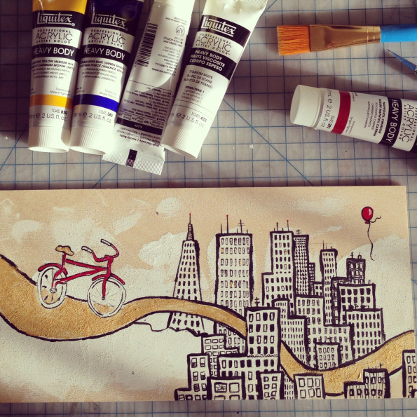 city bike by @bec #line #red #bicycle #city #metallic #bike #painting #mixed #art #media #skyline #fine