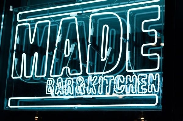 We just rebranded Roundhouse's 'MADE Bar & Kitchen' www.them.co.uk #white #red #sign #made #black #restaurant #brand #napkin #logo #resturant #neon