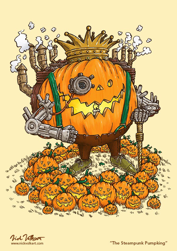 The steam-powered mechanized wonder! #steampunk #pumpkin #king #crown #pumpkinpatch #illustration #penandink #halloween #october #jackolantern