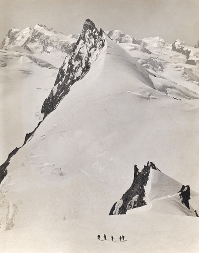 1321114. Five climbers ascend the Rimpfischhorn in the Pennine Alps. - NG Stock Photography #mountain #swiss #white #snow #black #photography #and
