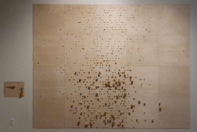 Nightly Sleep Analyzed, 8 ft x 10 ft, lasercut wood, blocks and pigment. 2014 #infographic #frick #laurie #data #art