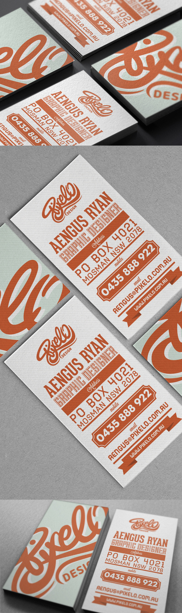 Business card design idea #323: Pixelo Corporate identity // Branding #business #branding #design #retro #orange #logo #cards