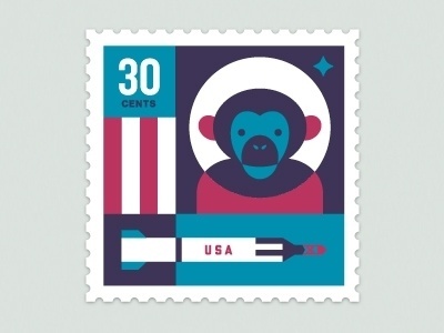 Dribbble - Space Animal Stamp Series - Ham by Eric R. Mortensen #stamp #illustration #chimp #letterpress