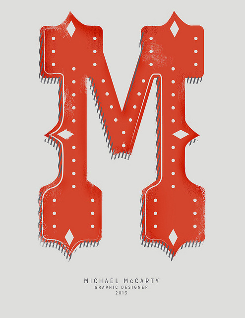 M lettering #mccarty #lettering #red #in #lights #orange #marque #illustration #drop #cap #name #type #michael