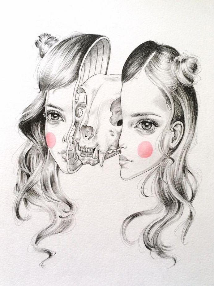 #skull #face #head #pencil #blush #illustration