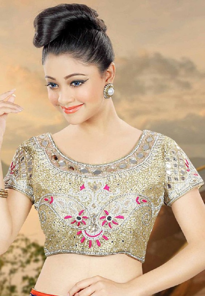 semi sleeved mirror work blouse design