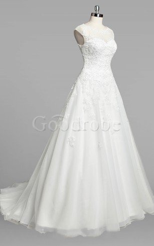 Robe de mariée naturel ligne a de traîne moyenne en organza col ras du cou