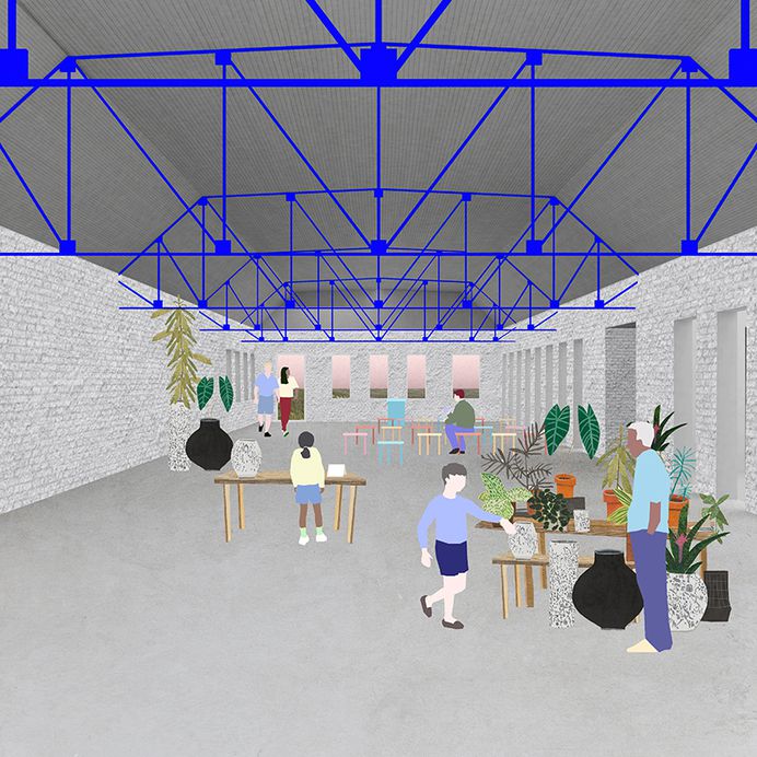 MIT Students Team With Nonprofit to Flip a Prison Into an Agricultural Community Center,The former group barracks is converted to a large space that can be used for meetings, lectures, classrooms or a dining hall. The metal roof trusses are exposed and painted bright blue to make the space taller and more playful. Image Courtesy of Group Project