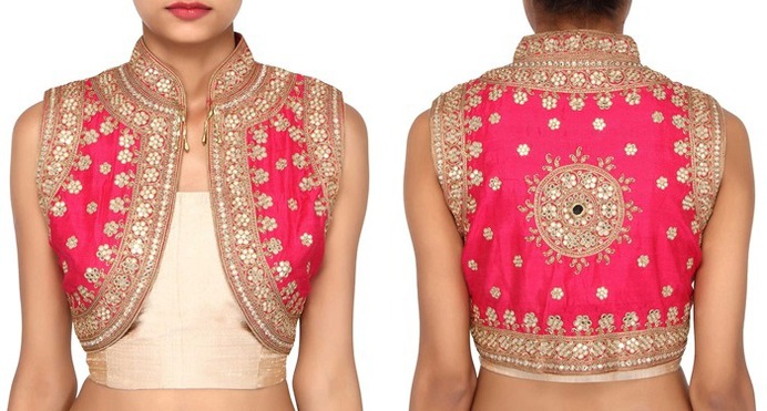 stand collor blouse mirror work