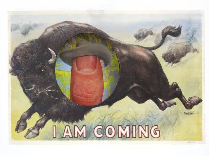 I Am Coming | Dan Bina #found #thumb #image #wood #art #cowboy #buffalo #collage #paper