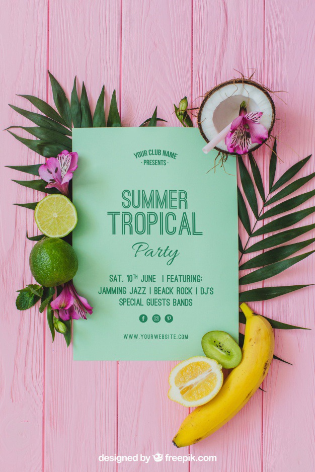 Tropical summer party invitation concept Free Psd. See more inspiration related to Flower, Mockup, Floral, Invitation, Party, Summer, Paper, Beach, Sun, Leaves, Fruits, Tropical, Holiday, Mock up, Coconut, Lemon, Palm, Decorative, Vacation, Wooden, Summer beach, Summer party, Aloha, Up, Beach party, Tropical flowers, Season, Concept, Hawaiian, Palm leaves, Painted, Composition, Mock, Exotic, Summertime and Seasonal on Freepik.